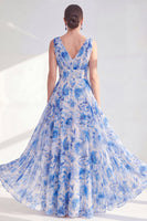 Load image into Gallery viewer, A Line Blue V-Neck Ruched Floral Chiffon Long Mother of the Bride Dress