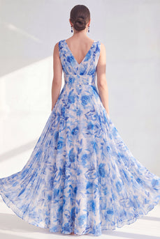A Line Blue V-Neck Ruched Floral Chiffon Long Mother of the Bride Dress