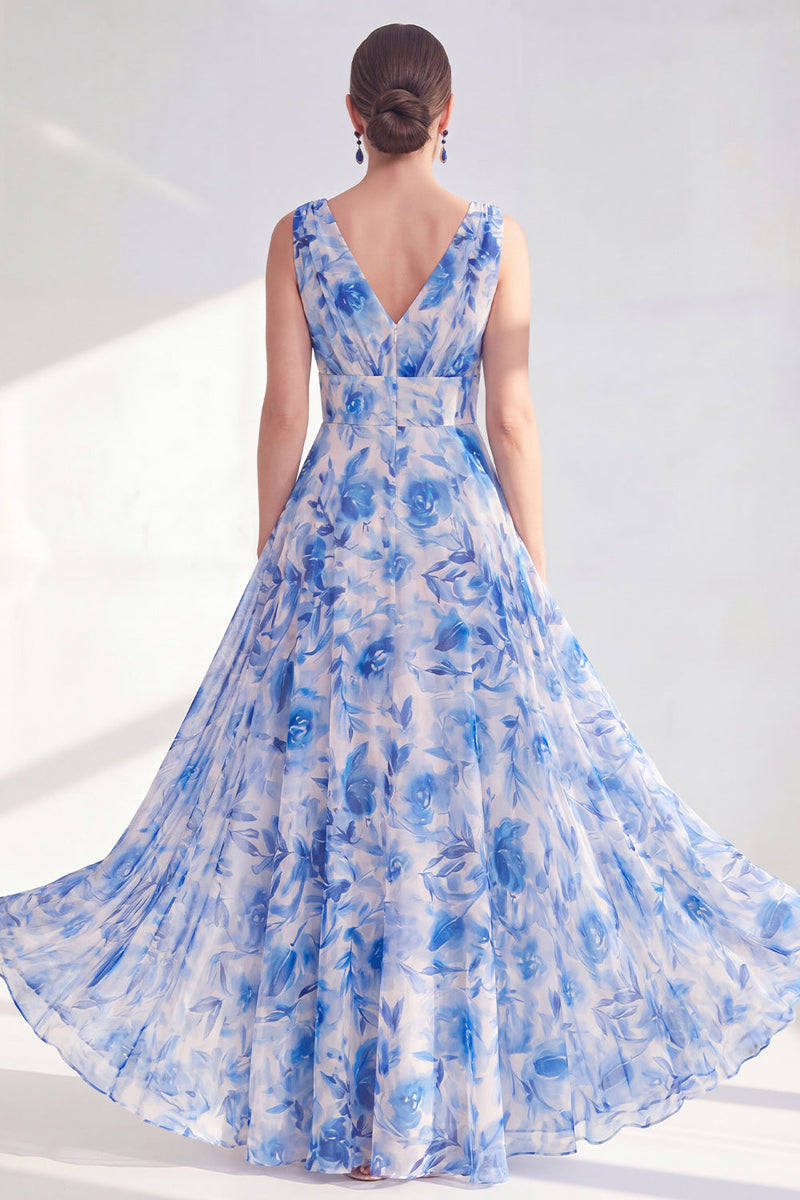 Load image into Gallery viewer, A Line Blue V-Neck Ruched Floral Chiffon Long Mother of the Bride Dress