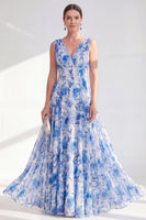 Load image into Gallery viewer, A Line Blue V-Neck Ruched Floral Chiffon Long Mother of the Bride Dress