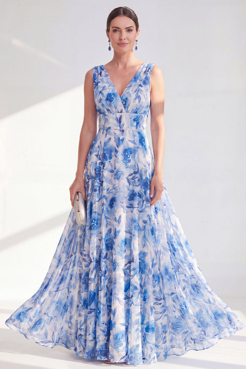 Load image into Gallery viewer, A Line Blue V-Neck Ruched Floral Chiffon Long Mother of the Bride Dress
