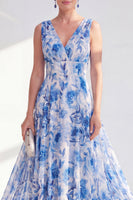 Load image into Gallery viewer, A Line Blue V-Neck Ruched Floral Chiffon Long Mother of the Bride Dress
