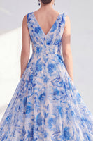 Load image into Gallery viewer, A Line Blue V-Neck Ruched Floral Chiffon Long Mother of the Bride Dress