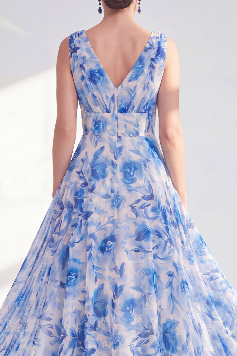 Load image into Gallery viewer, A Line Blue V-Neck Ruched Floral Chiffon Long Mother of the Bride Dress