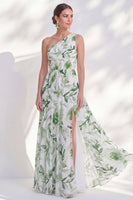 Load image into Gallery viewer, Floral Green A Line Ruched Long Mother of the Bride Dress with Slit