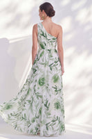 Load image into Gallery viewer, Floral Green A Line Ruched Long Mother of the Bride Dress with Slit