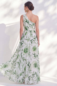Floral Green A Line Ruched Long Mother of the Bride Dress with Slit