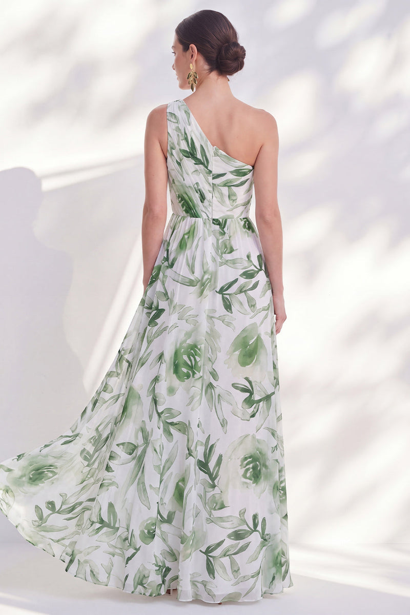 Load image into Gallery viewer, Floral Green A Line Ruched Long Mother of the Bride Dress with Slit