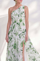 Load image into Gallery viewer, Floral Green A Line Ruched Long Mother of the Bride Dress with Slit