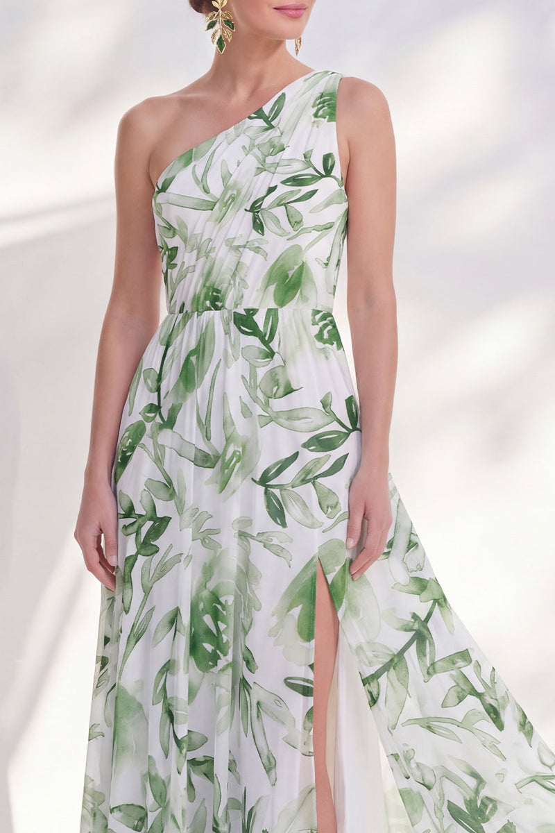 Load image into Gallery viewer, Floral Green A Line Ruched Long Mother of the Bride Dress with Slit