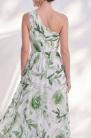 Load image into Gallery viewer, Floral Green A Line Ruched Long Mother of the Bride Dress with Slit