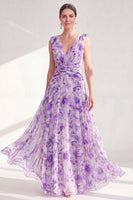 Load image into Gallery viewer, Purple A Line V-Neck Floral Ruched Long Chiffon Mother of the Bride Dress
