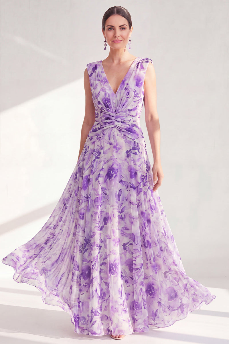 Load image into Gallery viewer, Purple A Line V-Neck Floral Ruched Long Chiffon Mother of the Bride Dress