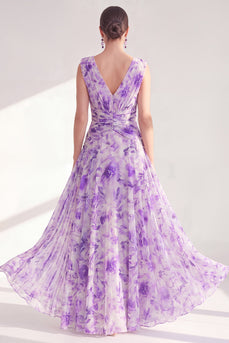 Purple A Line V-Neck Floral Ruched Long Chiffon Mother of the Bride Dress