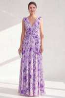 Load image into Gallery viewer, Purple A Line V-Neck Floral Ruched Long Chiffon Mother of the Bride Dress