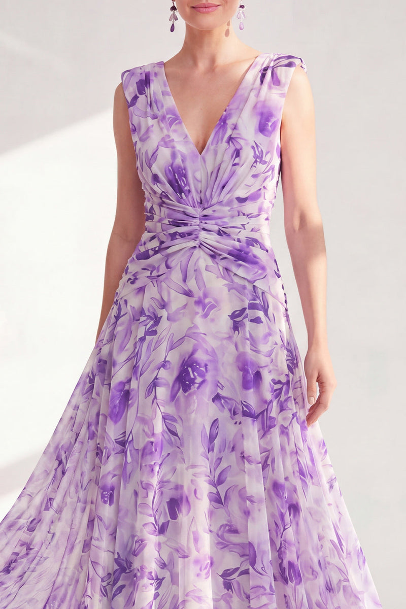 Load image into Gallery viewer, Purple A Line V-Neck Floral Ruched Long Chiffon Mother of the Bride Dress