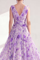 Load image into Gallery viewer, Purple A Line V-Neck Floral Ruched Long Chiffon Mother of the Bride Dress