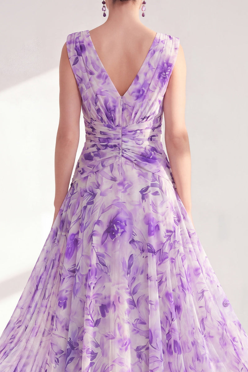 Load image into Gallery viewer, Purple A Line V-Neck Floral Ruched Long Chiffon Mother of the Bride Dress