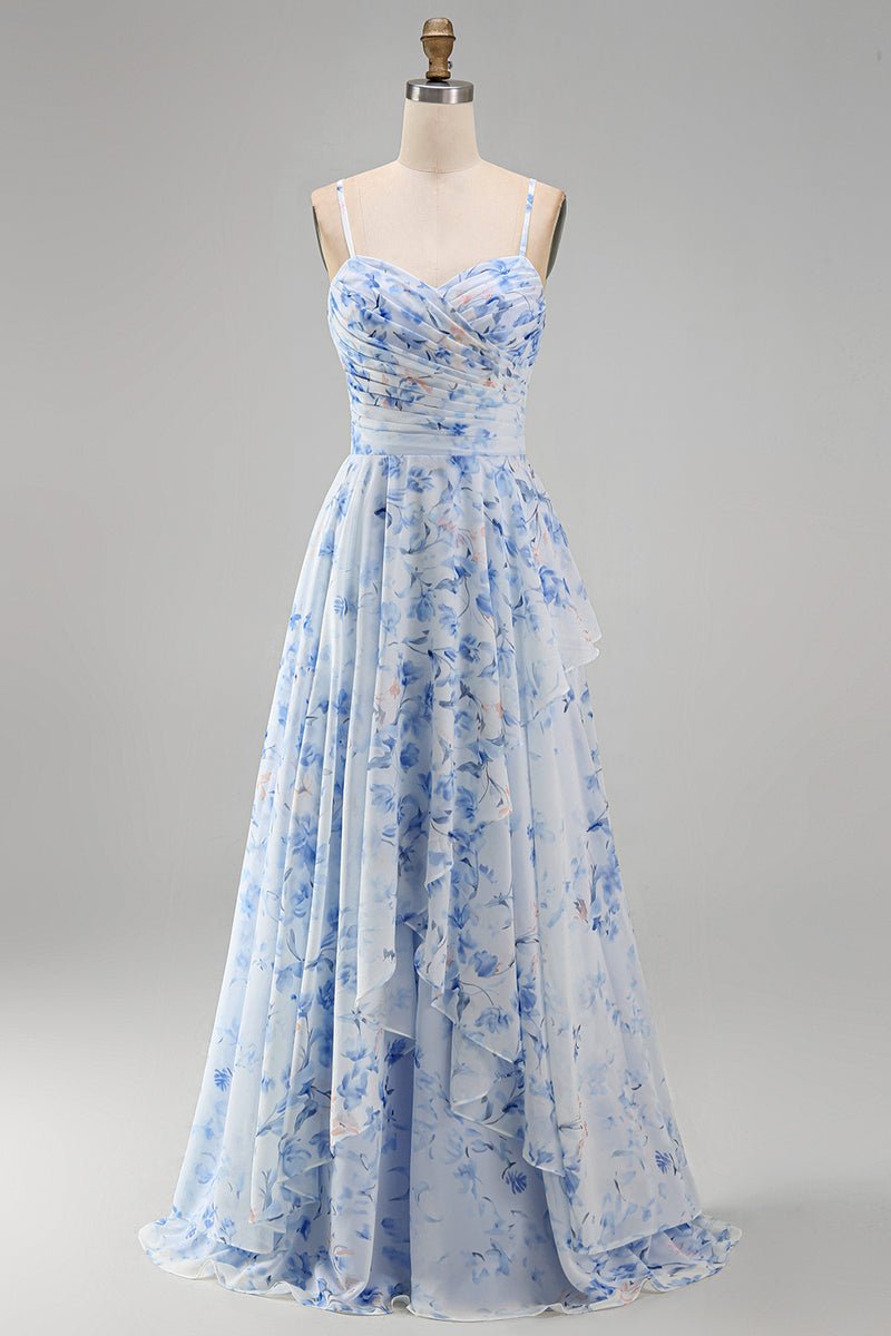 Load image into Gallery viewer, Floral Blue A Line Long Spaghetti Straps Mother of the Bride Dress with Ruffles