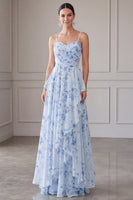 Load image into Gallery viewer, Floral Blue A Line Long Spaghetti Straps Mother of the Bride Dress with Ruffles