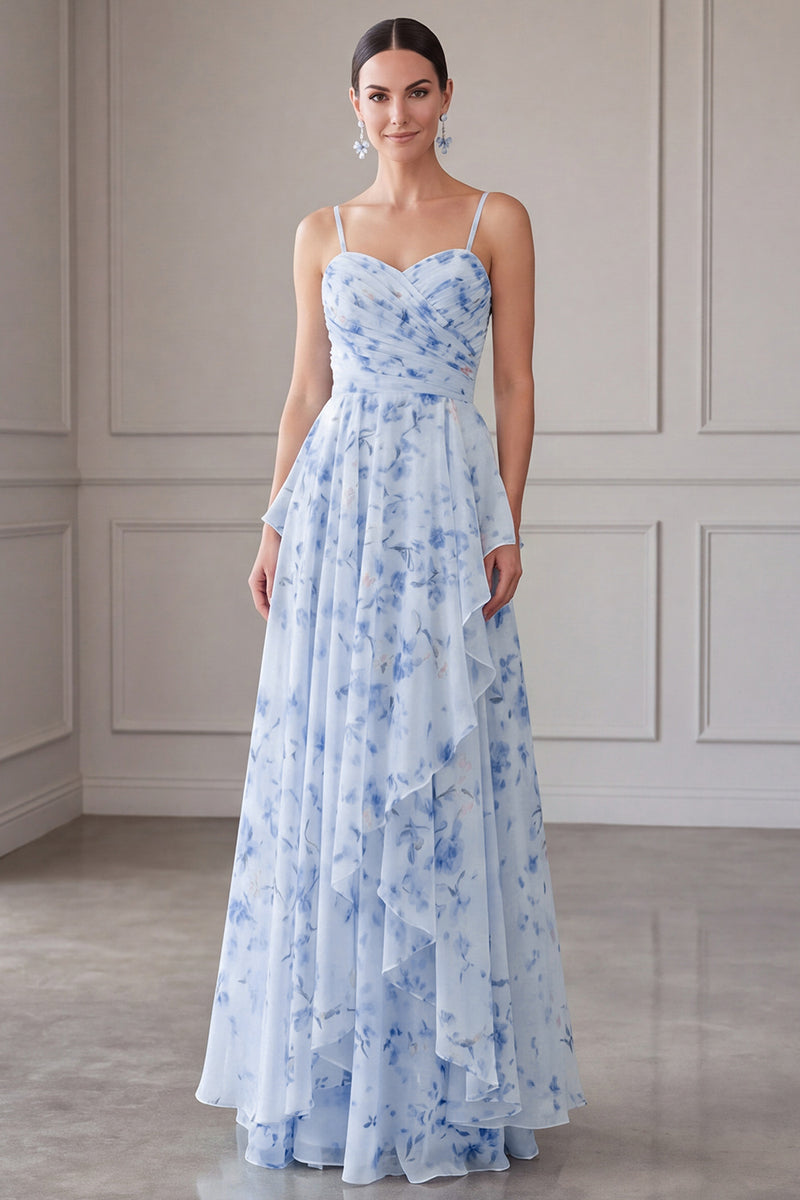 Load image into Gallery viewer, Floral Blue A Line Long Spaghetti Straps Mother of the Bride Dress with Ruffles