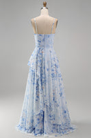 Load image into Gallery viewer, Floral Blue A Line Long Spaghetti Straps Mother of the Bride Dress with Ruffles