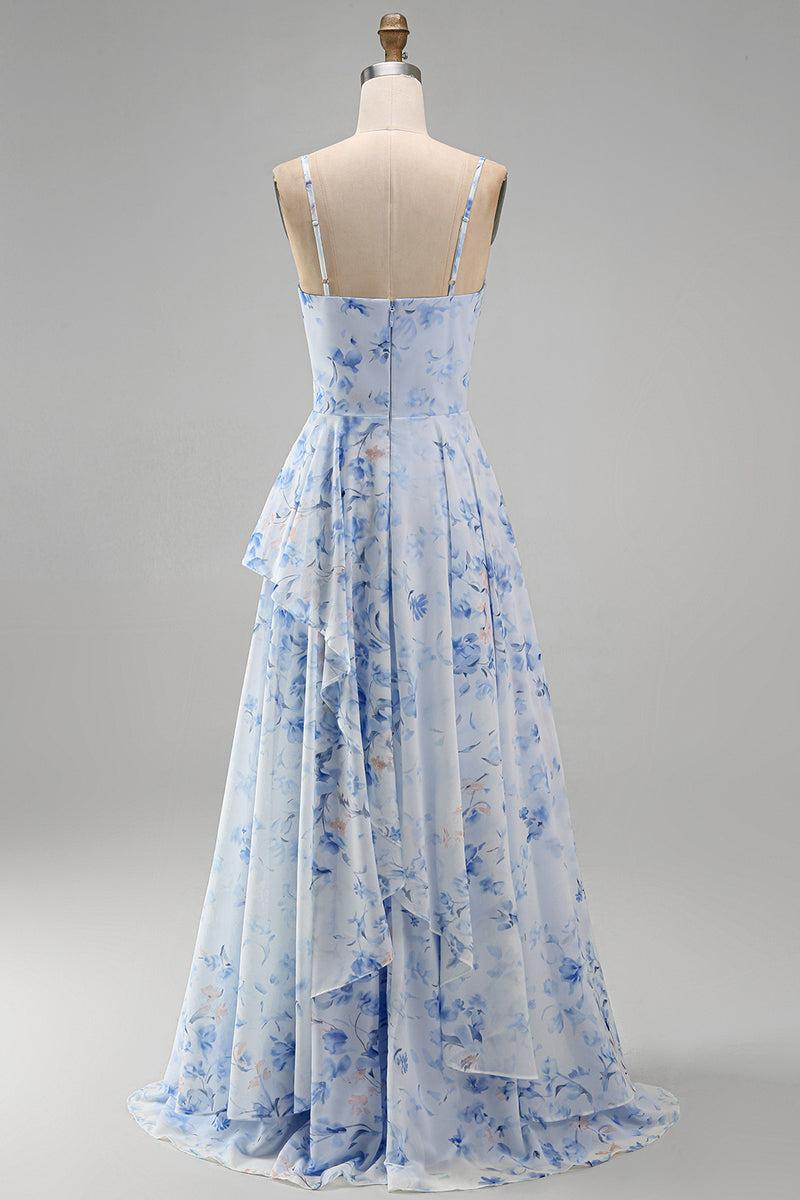 Load image into Gallery viewer, Floral Blue A Line Long Spaghetti Straps Mother of the Bride Dress with Ruffles
