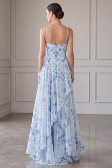 Floral Blue A Line Long Spaghetti Straps Mother of the Bride Dress with Ruffles