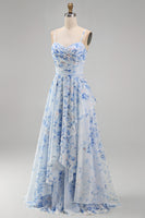 Load image into Gallery viewer, Floral Blue A Line Long Spaghetti Straps Mother of the Bride Dress with Ruffles