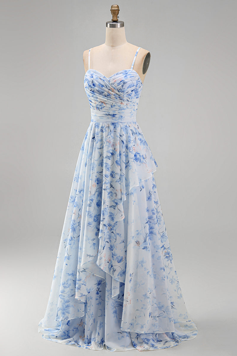Load image into Gallery viewer, Floral Blue A Line Long Spaghetti Straps Mother of the Bride Dress with Ruffles
