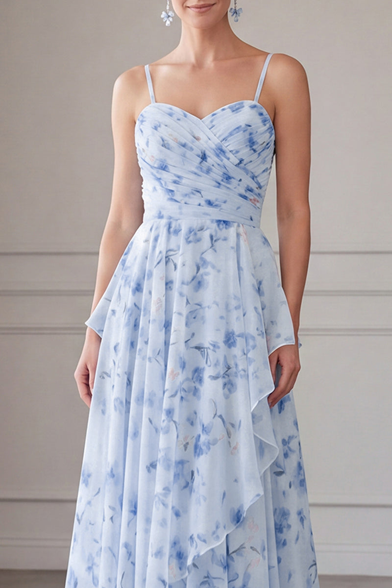Load image into Gallery viewer, Floral Blue A Line Long Spaghetti Straps Mother of the Bride Dress with Ruffles