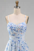 Load image into Gallery viewer, Floral Blue A Line Long Spaghetti Straps Mother of the Bride Dress with Ruffles