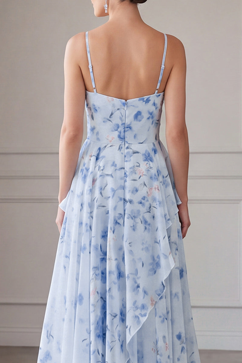 Load image into Gallery viewer, Floral Blue A Line Long Spaghetti Straps Mother of the Bride Dress with Ruffles