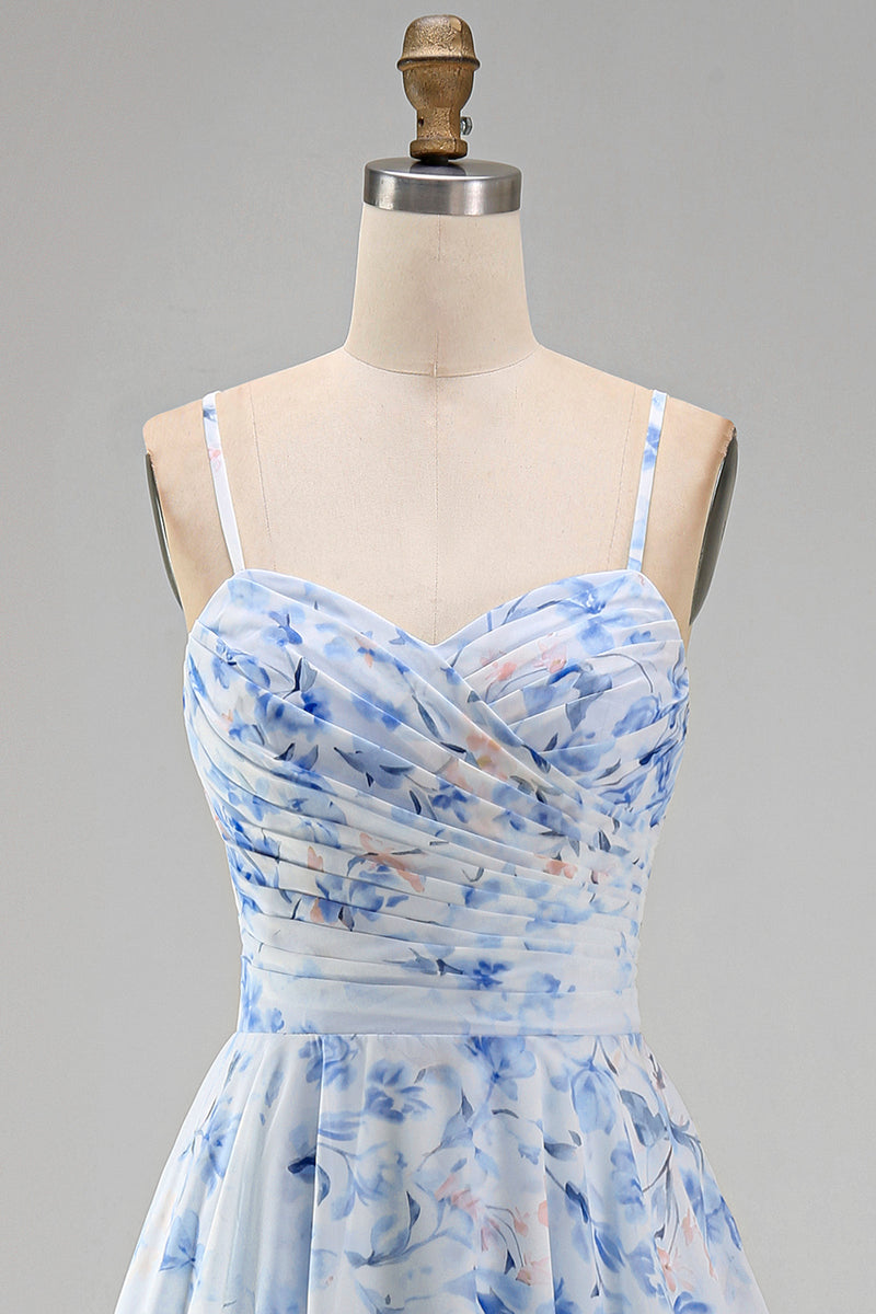 Load image into Gallery viewer, Floral Blue A Line Long Spaghetti Straps Mother of the Bride Dress with Ruffles