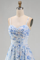 Load image into Gallery viewer, Floral Blue A Line Long Spaghetti Straps Mother of the Bride Dress with Ruffles