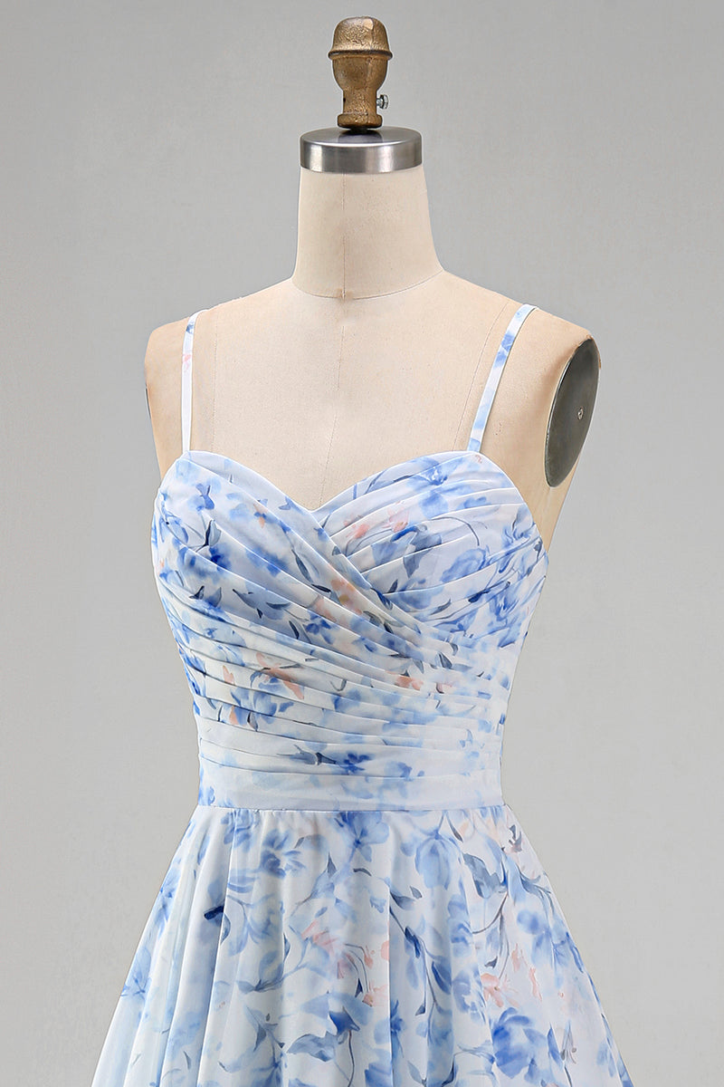 Load image into Gallery viewer, Floral Blue A Line Long Spaghetti Straps Mother of the Bride Dress with Ruffles