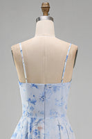 Load image into Gallery viewer, Floral Blue A Line Long Spaghetti Straps Mother of the Bride Dress with Ruffles