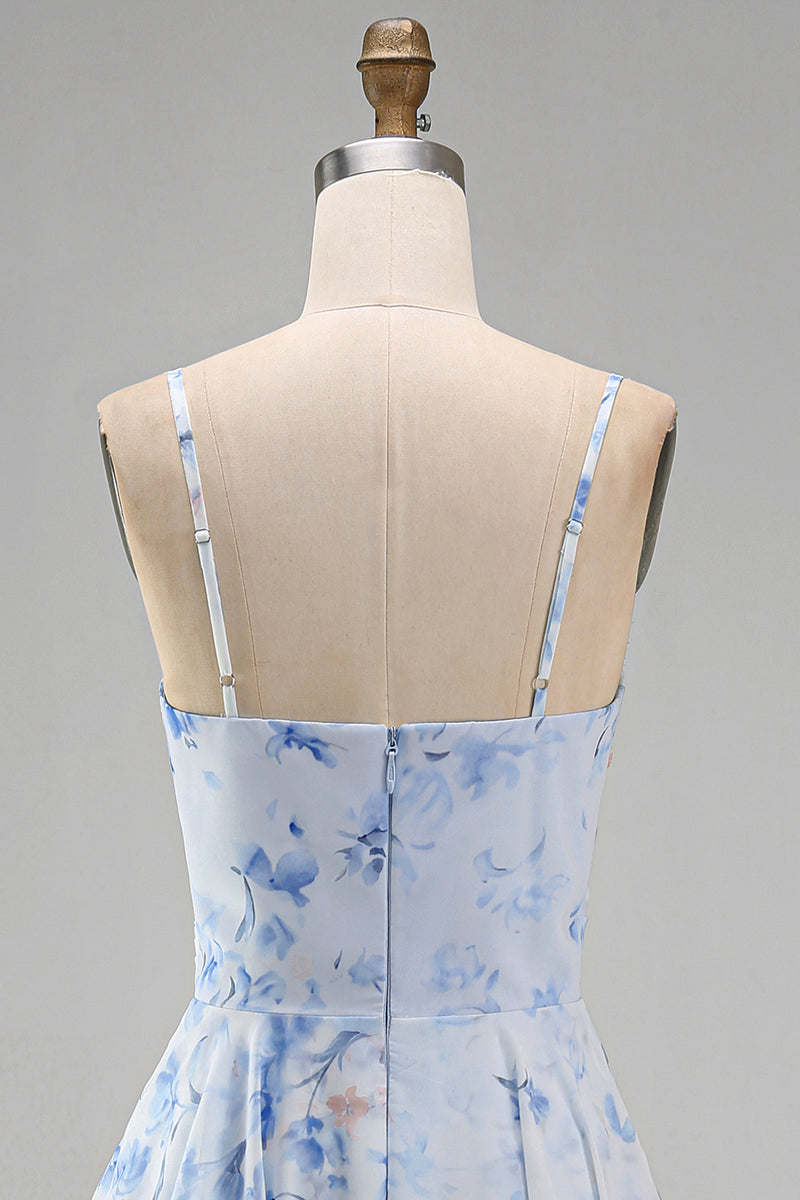 Load image into Gallery viewer, Floral Blue A Line Long Spaghetti Straps Mother of the Bride Dress with Ruffles