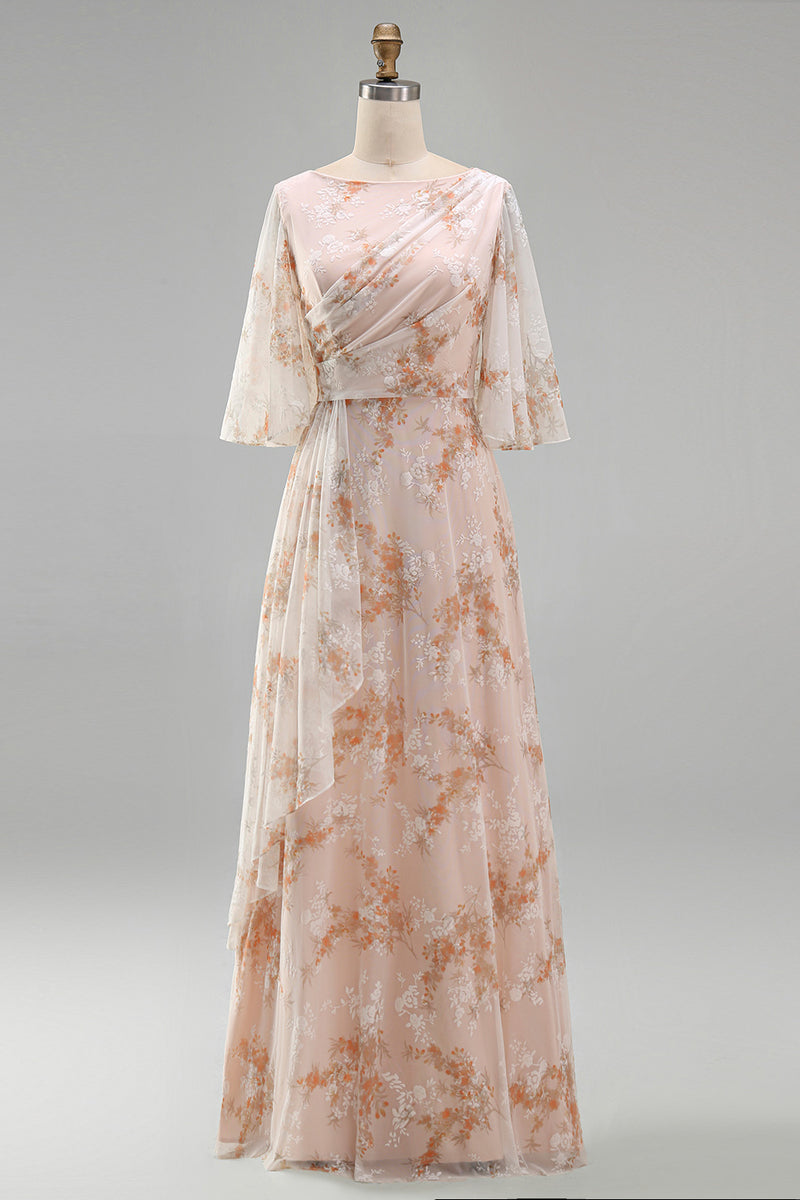 Load image into Gallery viewer, Champagne Ruffled Sheath Long Bateau Neck Floral Mother of the Bride Dress