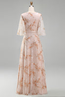 Load image into Gallery viewer, Champagne Ruffled Sheath Long Bateau Neck Floral Mother of the Bride Dress