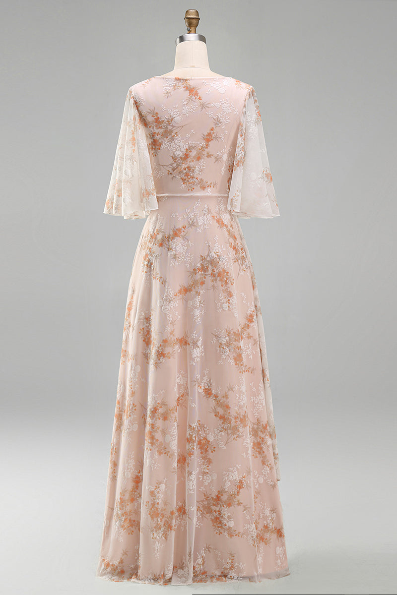 Load image into Gallery viewer, Champagne Ruffled Sheath Long Bateau Neck Floral Mother of the Bride Dress
