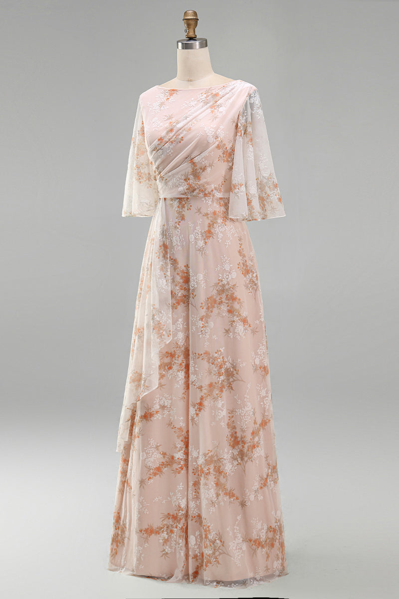 Load image into Gallery viewer, Champagne Ruffled Sheath Long Bateau Neck Floral Mother of the Bride Dress