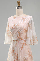 Load image into Gallery viewer, Champagne Ruffled Sheath Long Bateau Neck Floral Mother of the Bride Dress