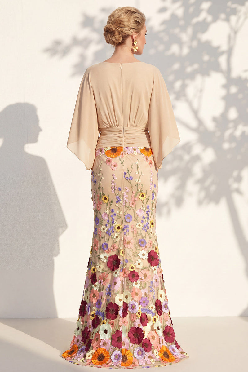 Load image into Gallery viewer, Green Mermaid Long Floral V-Neck Mother of the Bride Dress with Sleeves