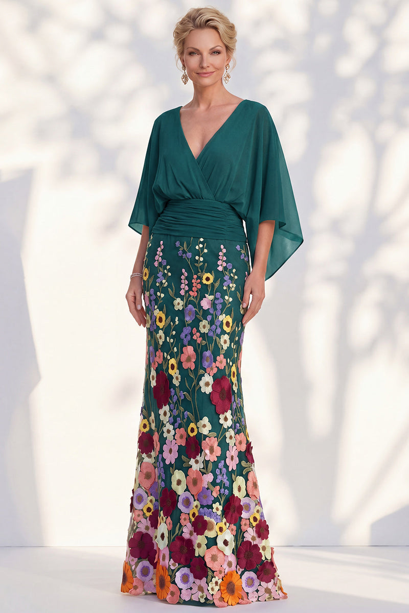 Load image into Gallery viewer, Green Mermaid Long Floral V-Neck Mother of the Bride Dress with Sleeves