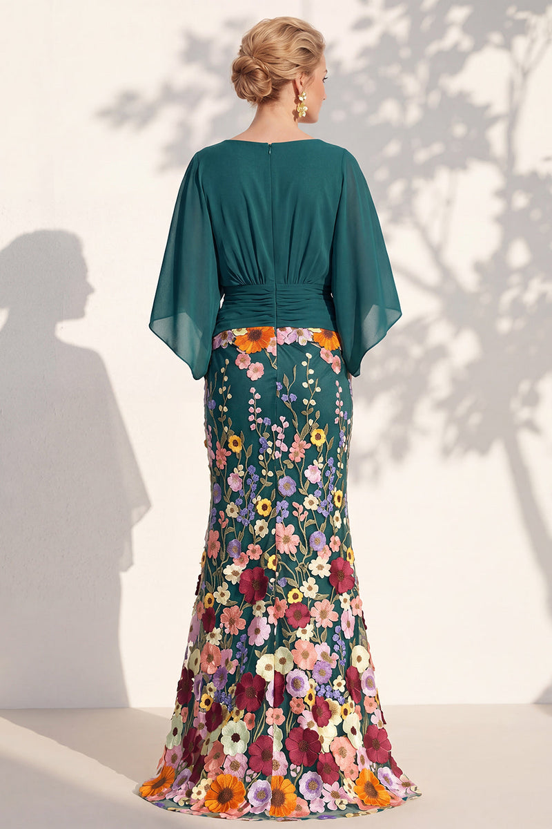 Load image into Gallery viewer, Green Mermaid Long Floral V-Neck Mother of the Bride Dress with Sleeves