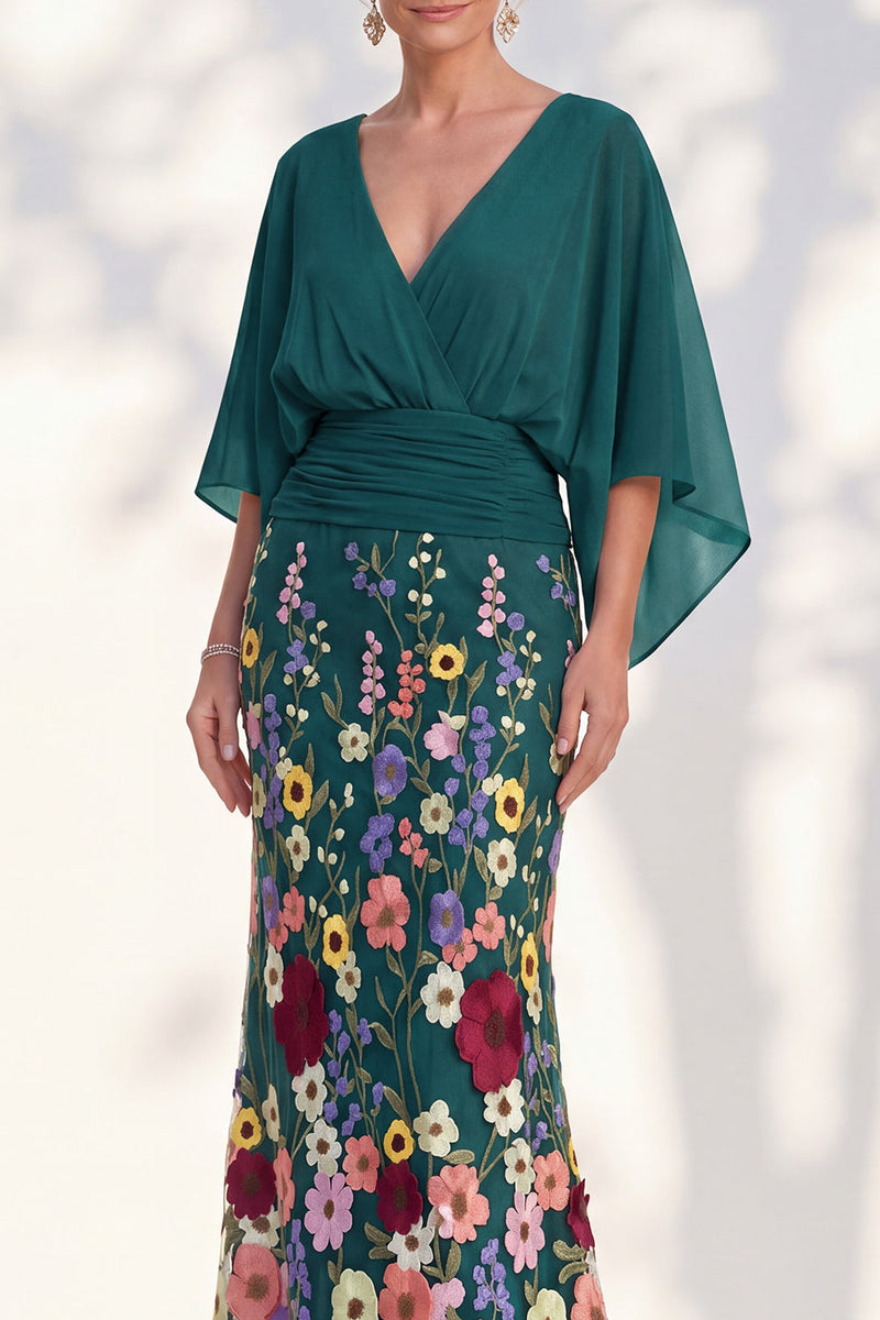 Load image into Gallery viewer, Green Mermaid Long Floral V-Neck Mother of the Bride Dress with Sleeves