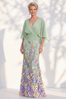 Load image into Gallery viewer, Green Mermaid Long Floral V-Neck Mother of the Bride Dress with Sleeves