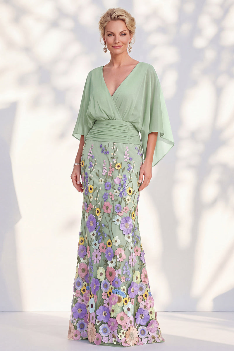 Load image into Gallery viewer, Green Mermaid Long Floral V-Neck Mother of the Bride Dress with Sleeves
