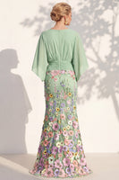 Load image into Gallery viewer, Green Mermaid Long Floral V-Neck Mother of the Bride Dress with Sleeves
